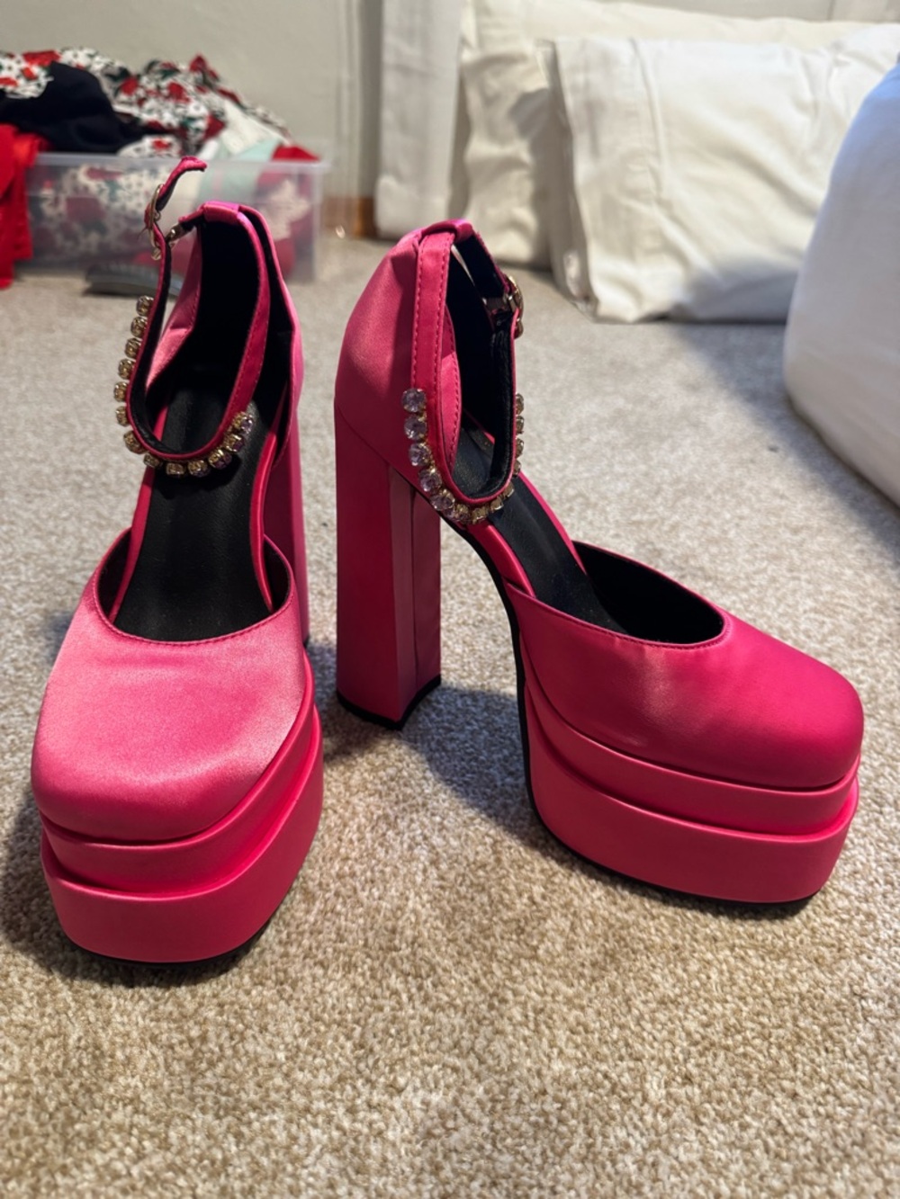 Platform Mary Jane Heels in Bright Pink with Crystal Ankle Strap